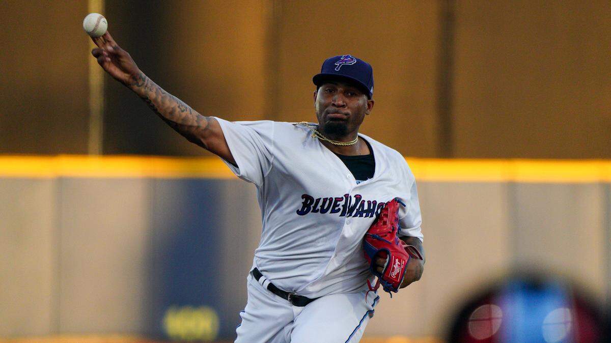 Right-handed pitcher Sixto Sanchez throws a pitch for the Double A Pensacola Blue Wahoos on Tuesday, Sept. 12, 2023, in Pensacola, Florida.