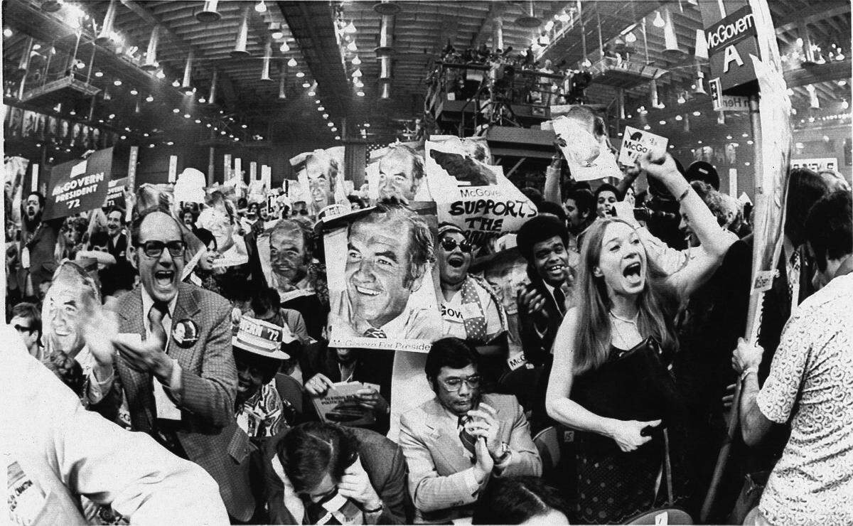 Californians cheer McGovern’s nomination at the Democratic convention in Miami Beach in 1972.