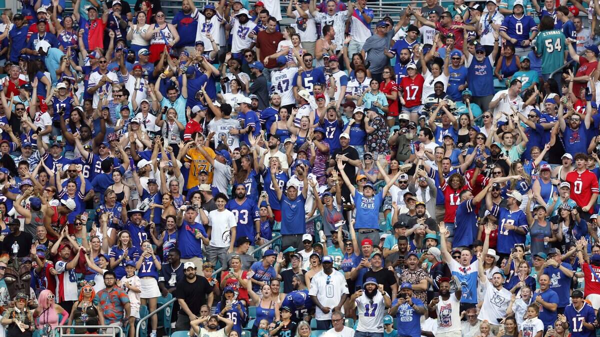 Buffalo Bills and Miami Dolphins fans show their support in the first half of an NFL football game at Hard Rock Stadium in Miami Gardens, Florida on Sunday, November 9, 2025.