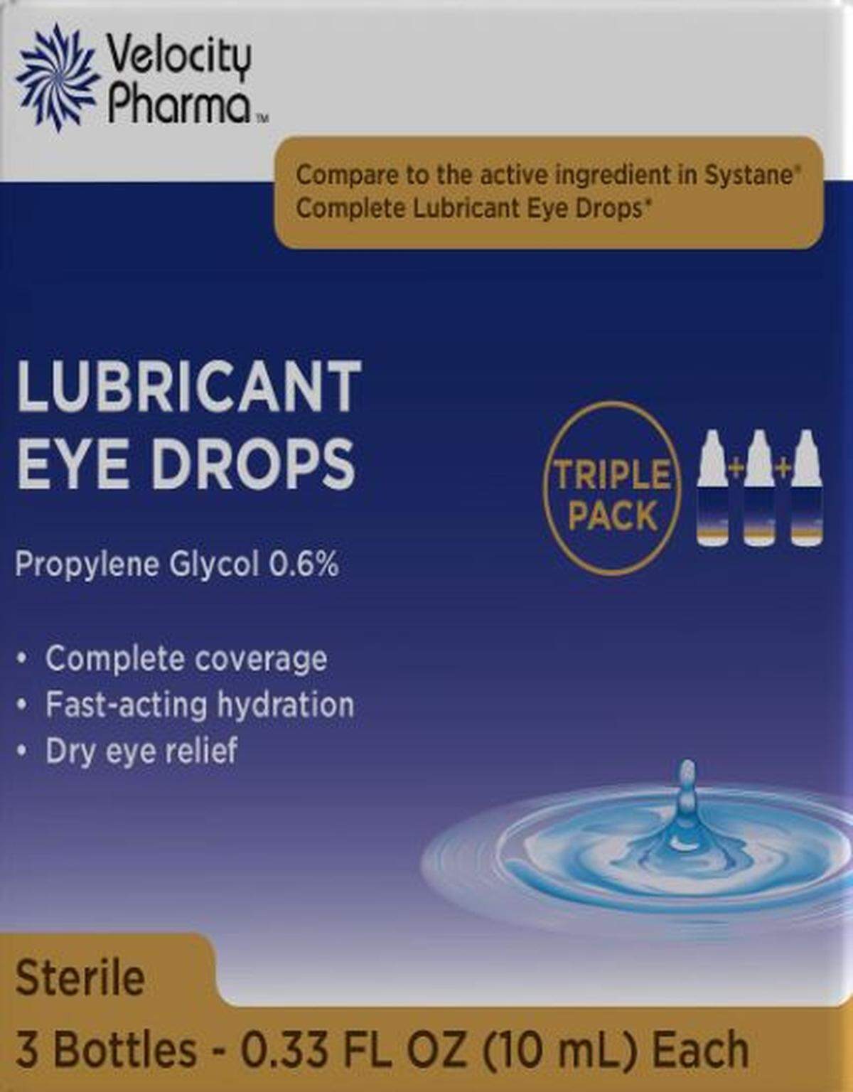 The box with a triple pack of Velocity Pharma Lubricant Eye Drops in 10 ml bottles