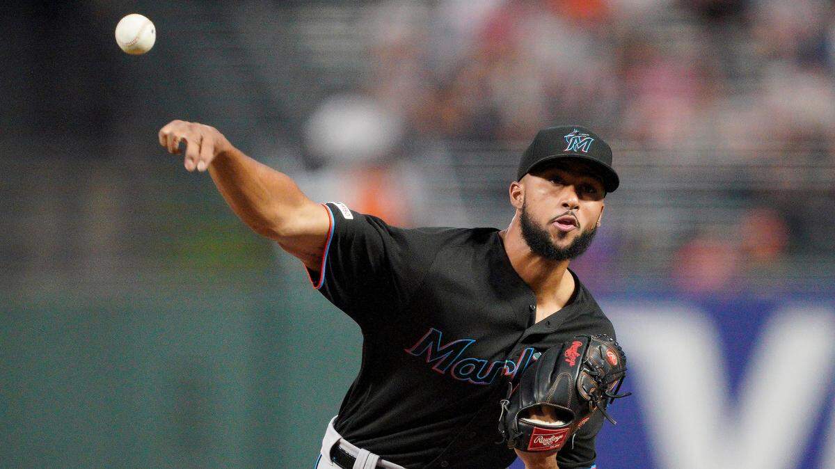 Miami Marlins pitcher Sandy Alcantara throws to a San Francisco Giants batter during the first inning of a baseball game Friday, Sept. 13, 2019, in San Francisco. (AP Photo/Tony Avelar)