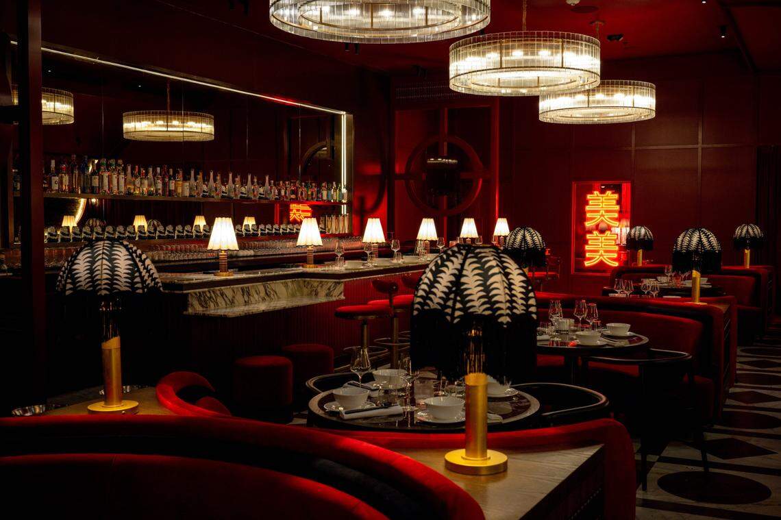 Dim lighting and red accents aim to produce an intimate atmosphere at the new Mimi’s Chinese in Miami Beach.