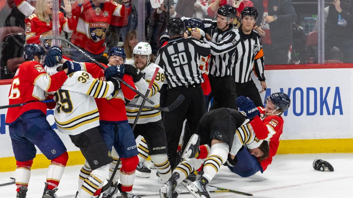 Florida Panthers and Boston Bruins players fight in the third period of Game 2 of the second-round series of the Stanley Cup Playoffs at Amerant Bank Arena on Wednesday, May 8, 2024, in Sunrise, Fla.