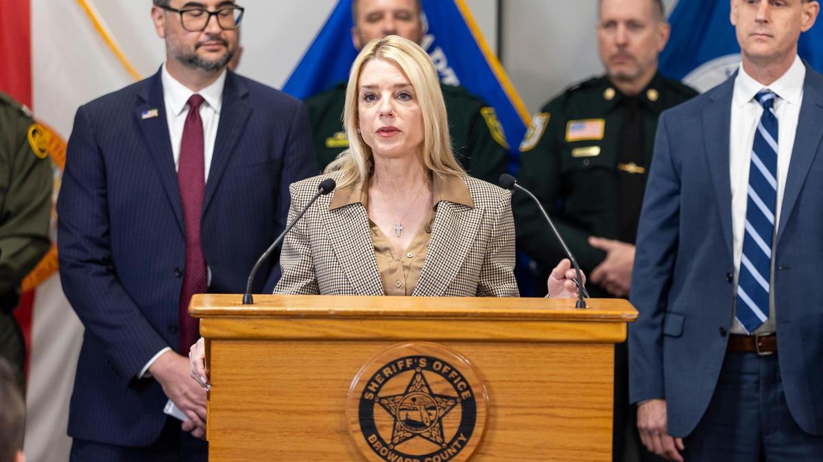 U.S. Attorney General Pam Bondi speaks during a press conference at the Broward Sheriffs Office on Friday, April 4 in Fort Lauderdale.