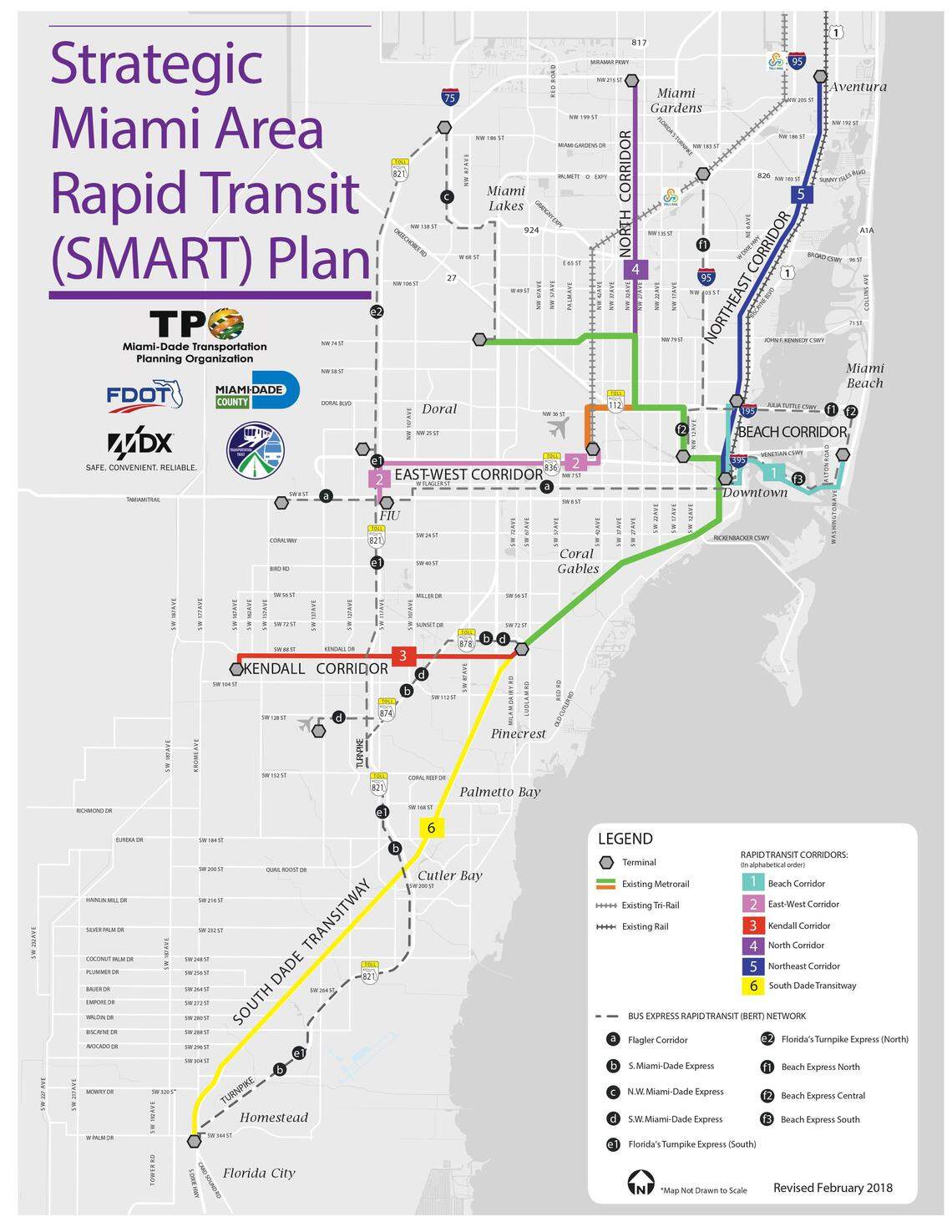 Miami-Dade's Strategic Miami Area Rapid Transit (SMART) Plan envisions six mass transit lines connecting the county's suburbs to the downtown area and Miami Beach.