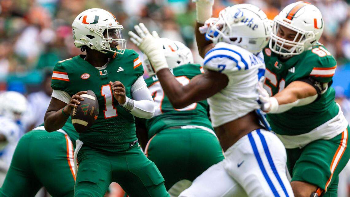 Miami Hurricanes quarterback Cam Ward (1) looks to throw during the first half of an ACC football game against the Duke Blue Devils at Hard Rock Stadium on Saturday, Nov. 2, 2024, in Miami Gardens, Fla.