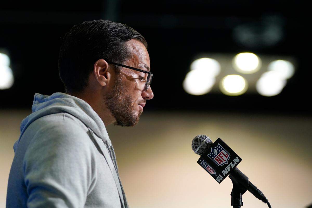 Miami Dolphins head coach Mike McDaniel speaks during a news conference at the NFL football scouting combine, Tuesday, Feb. 28, 2023, in Indianapolis. (AP Photo/Darron Cummings)