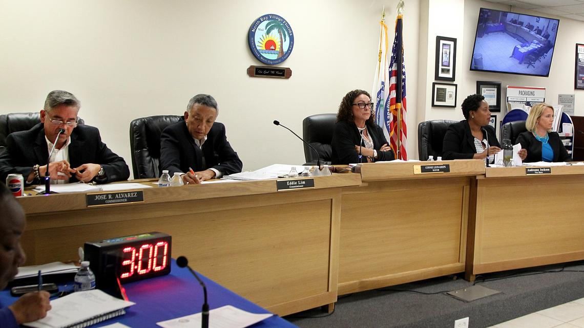 From left: North Bay Village commissioners Jose R. Alvarez, Eddie Lim, Mayor Connie Leon-Kreps, Vice Mayor Andreana Jackson and Commissioner Laura Cattabriga  take turns speaking during a commission meeting on Tuesday, May 8, 2018.