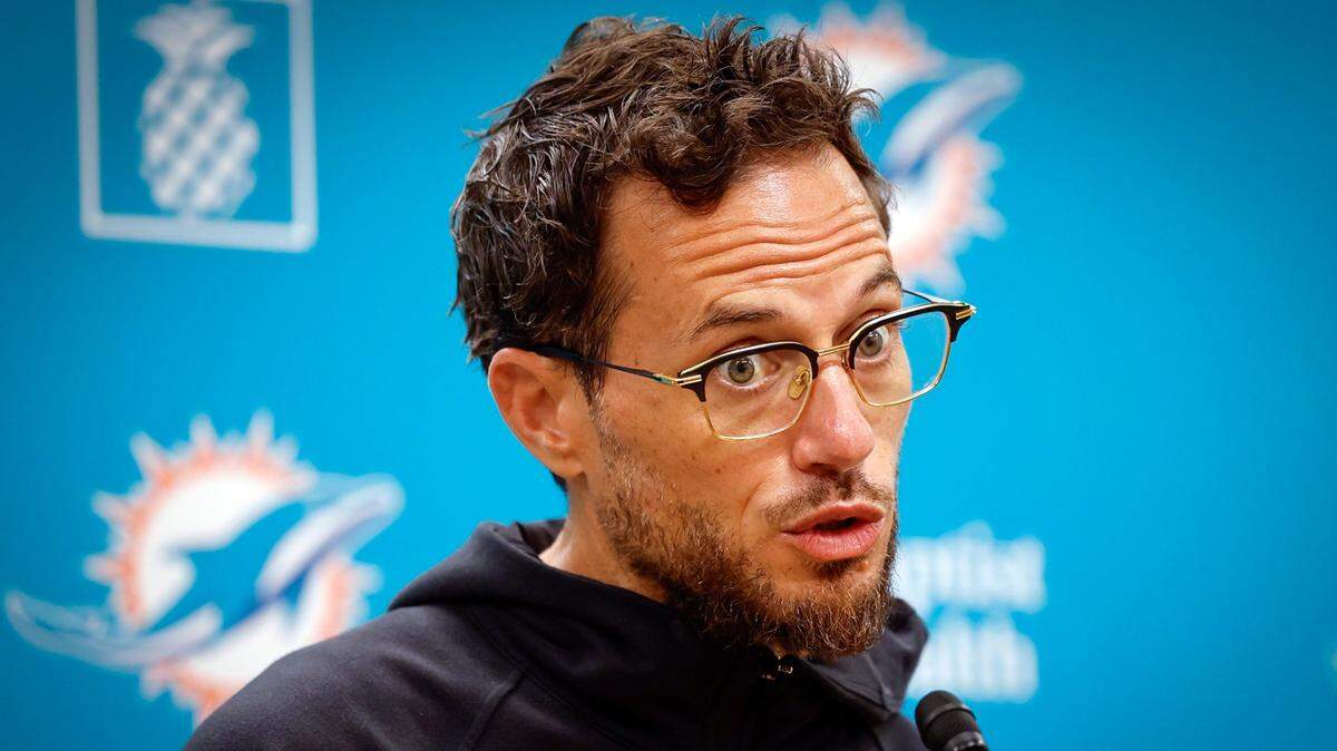 Miami Dolphins coach Mike McDaniel speaks to reporters before mandatory minicamp at the Baptist Health Training Complex in Miami Miami Gardens, Florida on Wednesday, June 11, 2025 