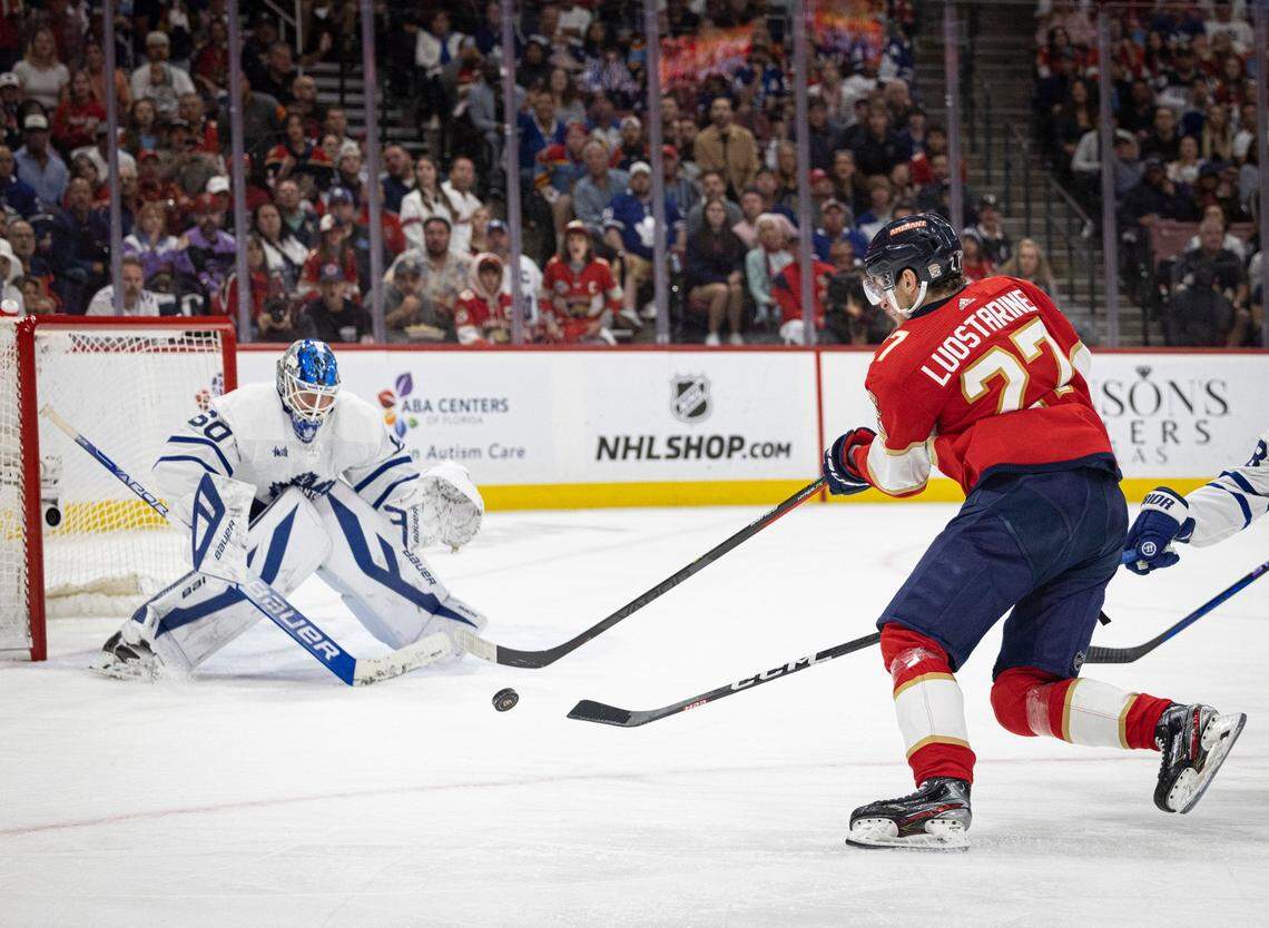 Florida Panthers center Eetu Luostarinen (27) takes a shot on Toronto Maple Leafs goaltender Joseph Woll (60) during the second period of Game 3 of the Eastern Conference second-round NHL Stanley Cup series on Sunday, May 7, 2023, at FLA Live Arena. The score was tied 2-2 at the end of the second period. 