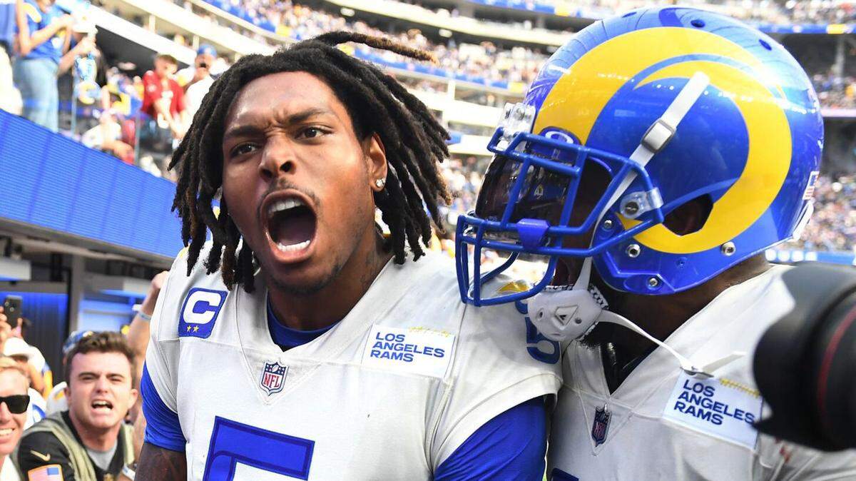 Los Angeles Rams defensive back Jalen Ramsey celebrates his interception in the end zone in front of Atlanta Falcons receiver Bryan Edwards late in fourth quarter at SoFi Stadium Sunday, Sept. 18, 2022, in Inglewood, California. (Wally Skalij/Los Angeles Times/TNS)
