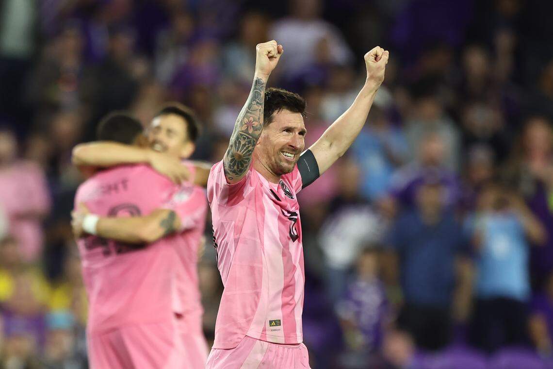 ORLANDO, FLORIDA - MARCH 01: Lionel Messi #10 of Inter Miami CF celebrates after scoring the team's fourth goal during the MLS match between Orlando City SC and Inter Miami CF at Inter&Co Stadium on March 01, 2026 in Orlando, Florida. (Photo by Dustin Markland/Getty Images)