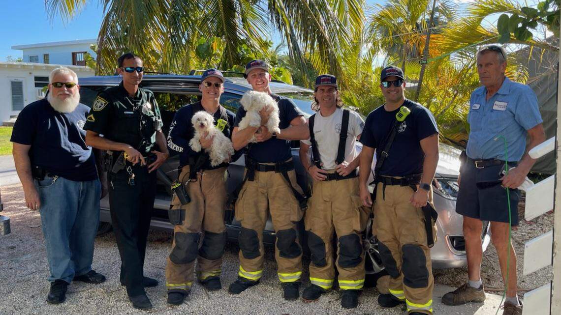Firefighters, along with other first repsonders and workers from a local towing company pose with Bubba and Bella, two Florida Keys dogs who were rescued May 12, 2022, from a locked car.