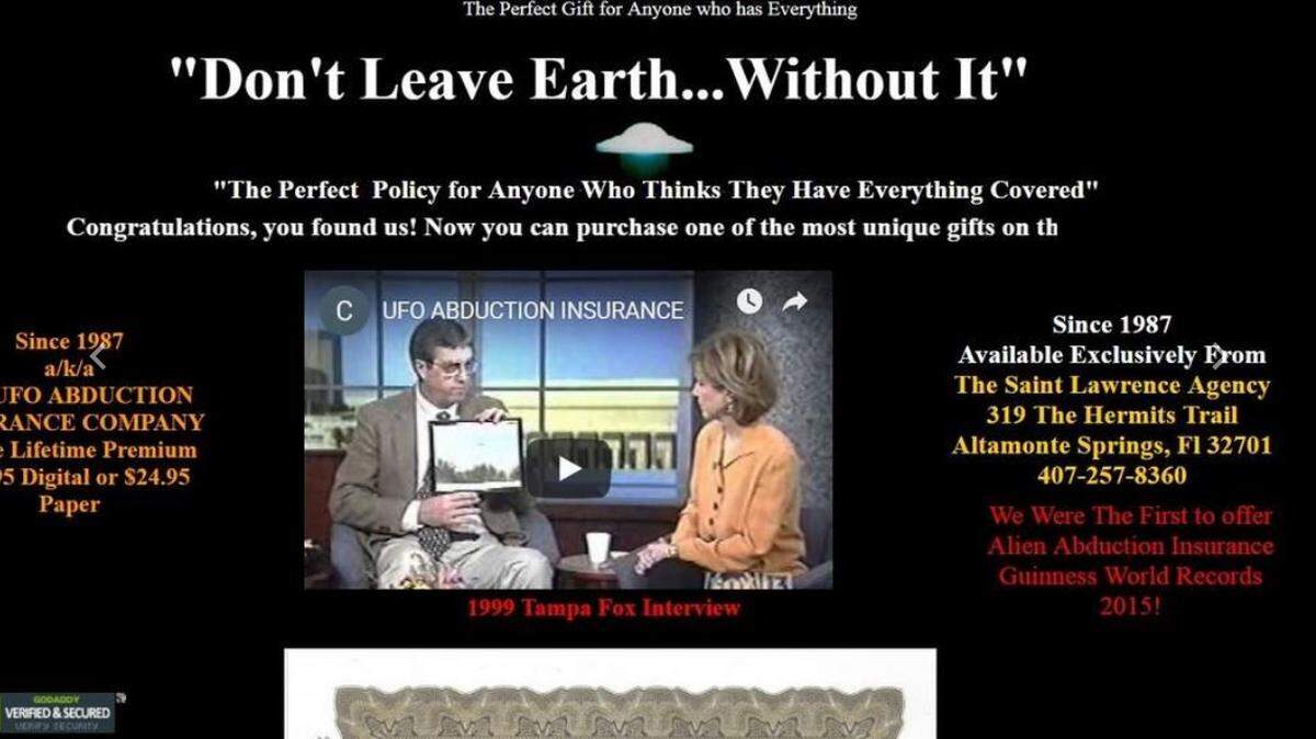 Mike St. Lawrence sells alien abduction insurance through his company, The St. Lawrence Agency. Pictured is the company’s website for the insurance and a sample policy.