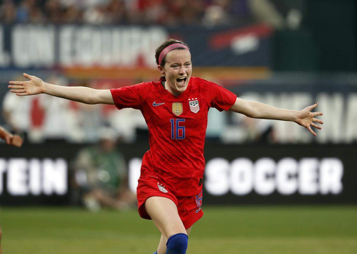 United States midfielder Rose Lavelle celebrates after scoring during the first half of an international friendly soccer match against New Zealand Thursday, May 16, 2019, in St. Louis.