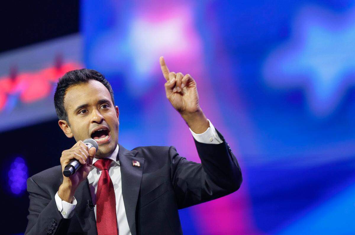 Republican presidential candidate Vivek Ramaswamy speaks during the Turning Point Action Conference at the Palm Beach County Convention Center in West Palm Beach, Florida, on Saturday, July 15, 2023.