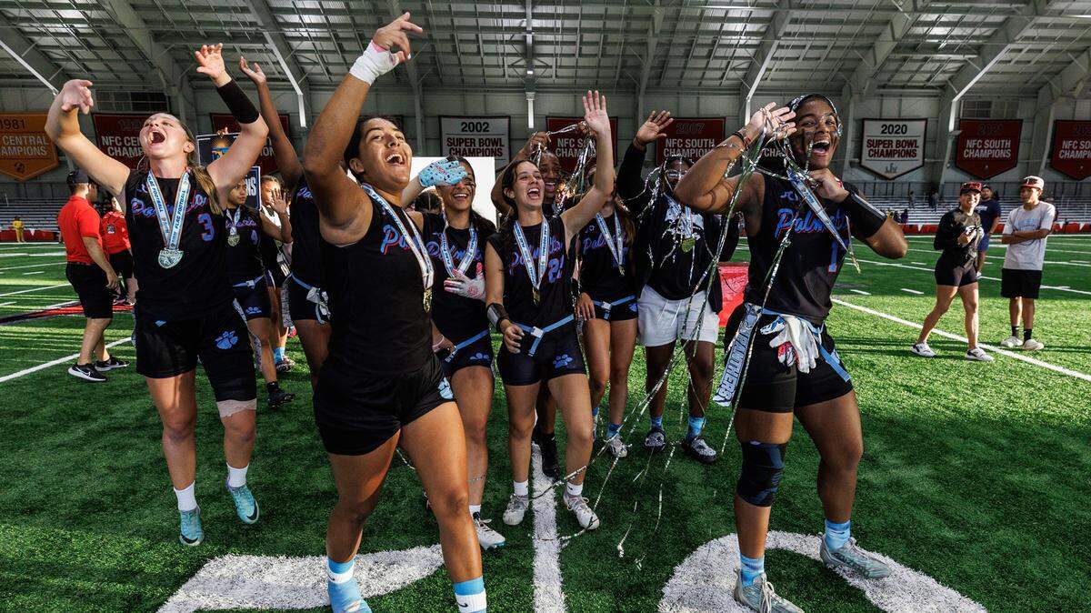 TAMPA, FL - May 11, 2024 - Athletes celebrate after the finals of the 2024 FHSAA Flag Football Championships. Photo By Doug DeFelice/Tampa Bay Buccaneers