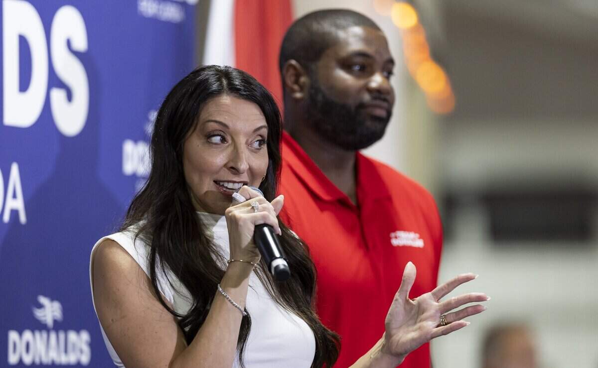 Erika Donalds speak during a campaign rally for her husband, Byron Donalds, at the Hialeah Park Casino on Thursday, Oct. 29, 2026, in Hialeah, Fla. Byron is running for Florida Governor.