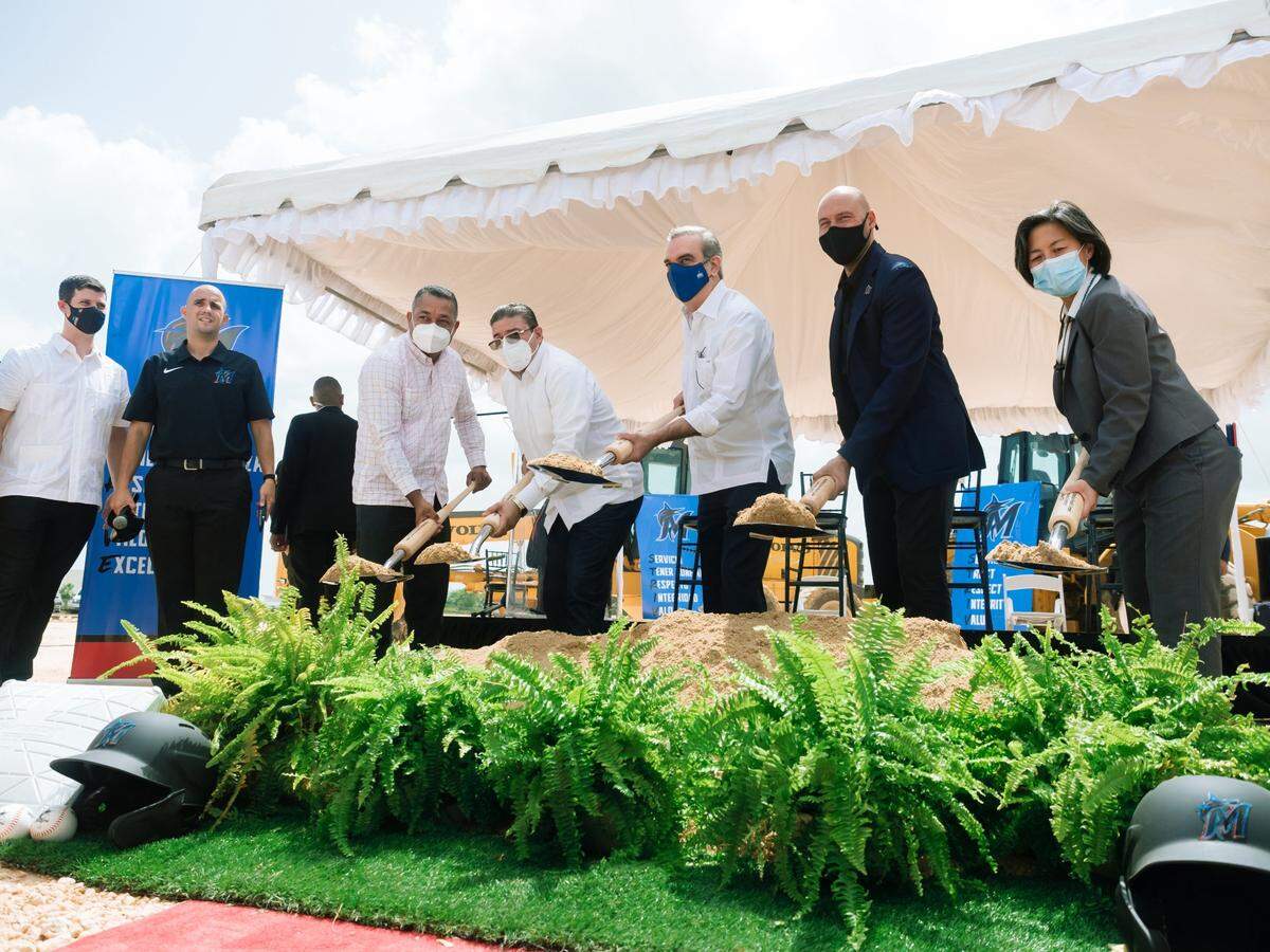 The Miami Marlins on Wednesday, June 16, 2021, broke ground on a new baseball academy in the Dominican Republic. CEO Derek Jeter (second from right) and general manager Kim Ng (far right) were in attendance.