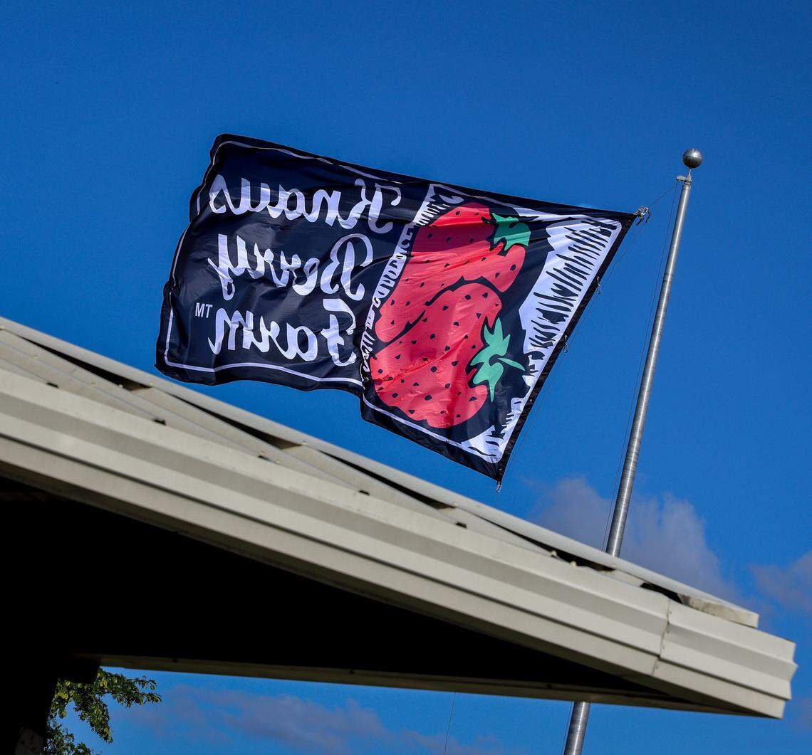 The Knaus Berry Farm flag waves at its new location in the Redlands. Knaus Berry Farm opened at its new location, offering shakes, baked goods, and the cinnamon rolls for which it became famous. At the same time, some customers wanted shakes, most lined up for cinnamon rolls, and some even arrived the night before to ensure success on Monday, December 22, 2025, in Redlands, near Homestead, Florida. 
