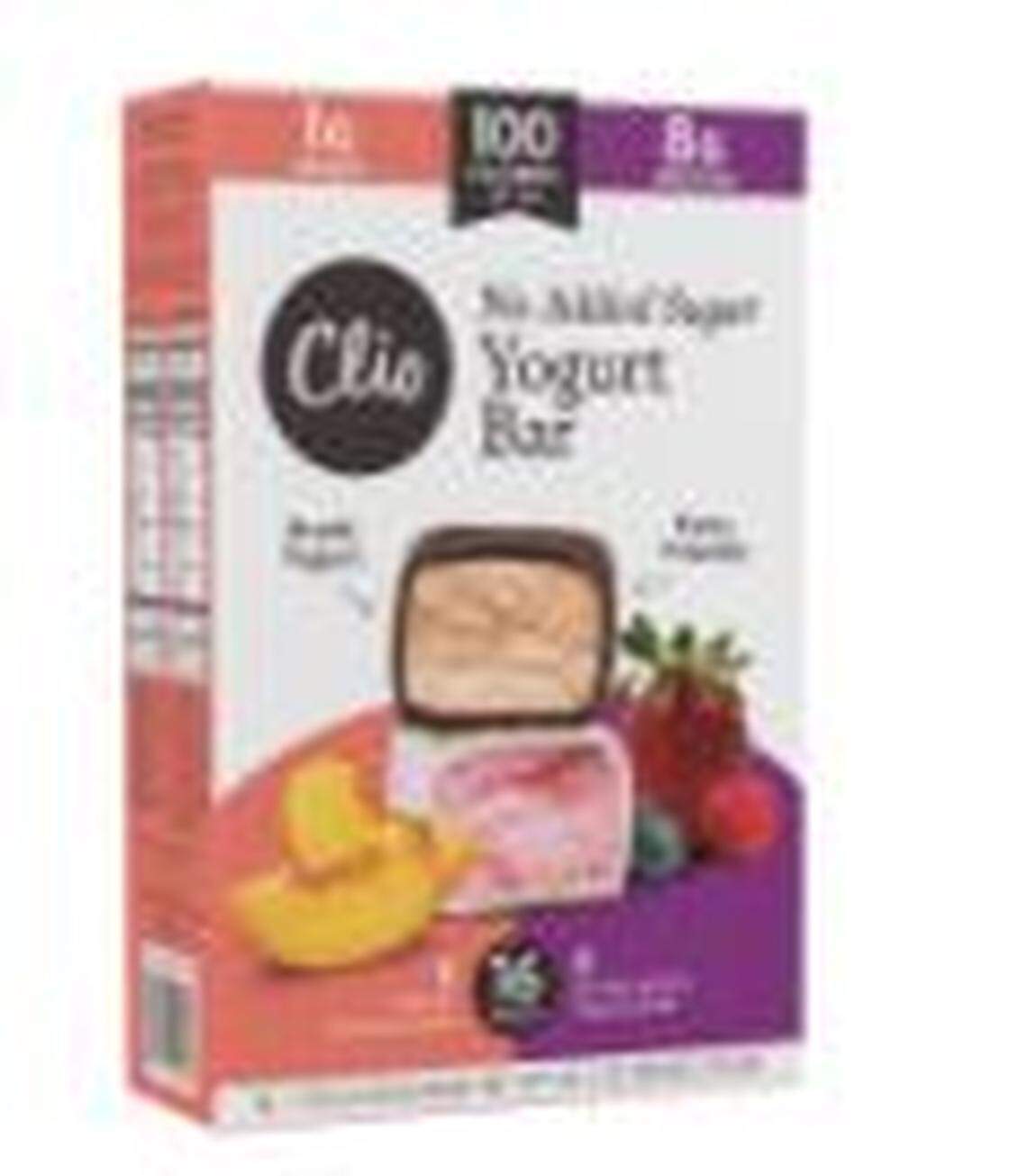 Clio Snacks Mixed Berry & Peach Yogurt Bar with no added sugar.