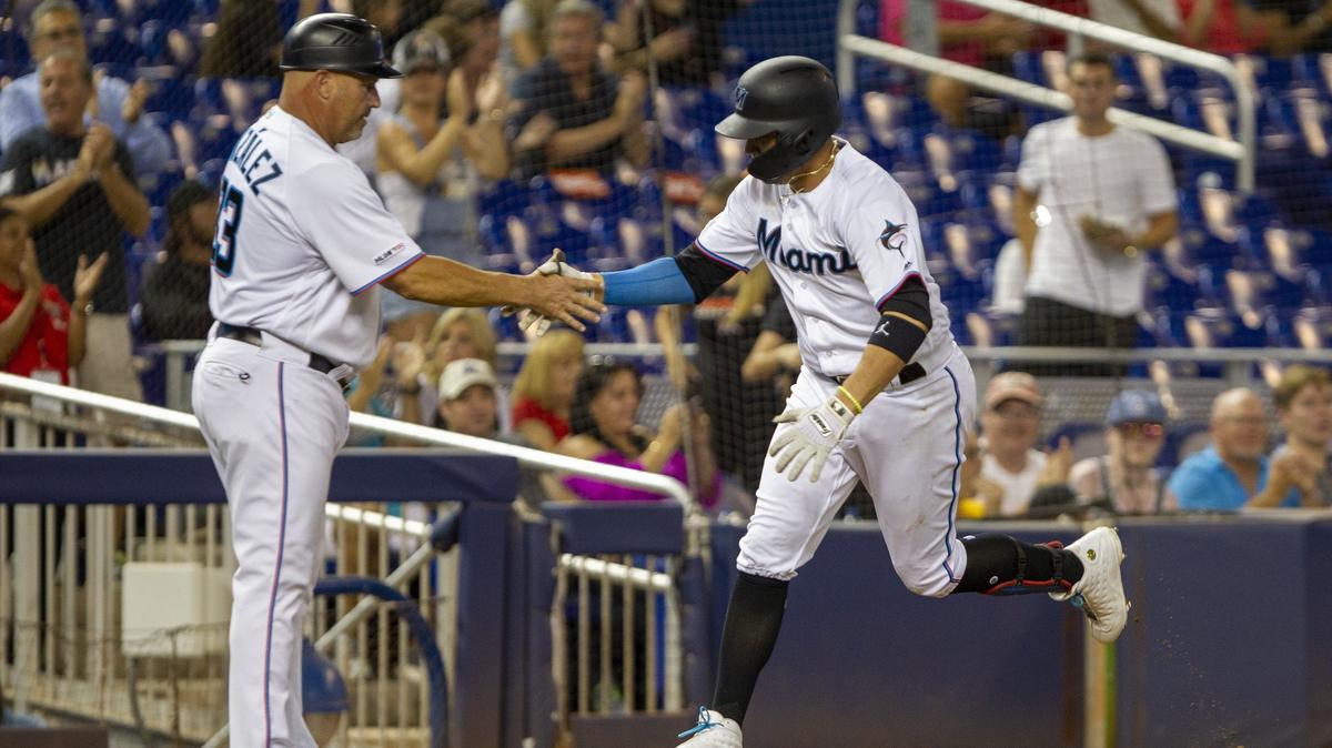 Miami Marlins shortstop Miguel Rojas (19), right, celebrates his second inning home run with third base coach Fredi Gonzalez during a game against the Arizona Diamondbacks at Marlins Park in Miami, Florida on Monday, July 29, 2019.