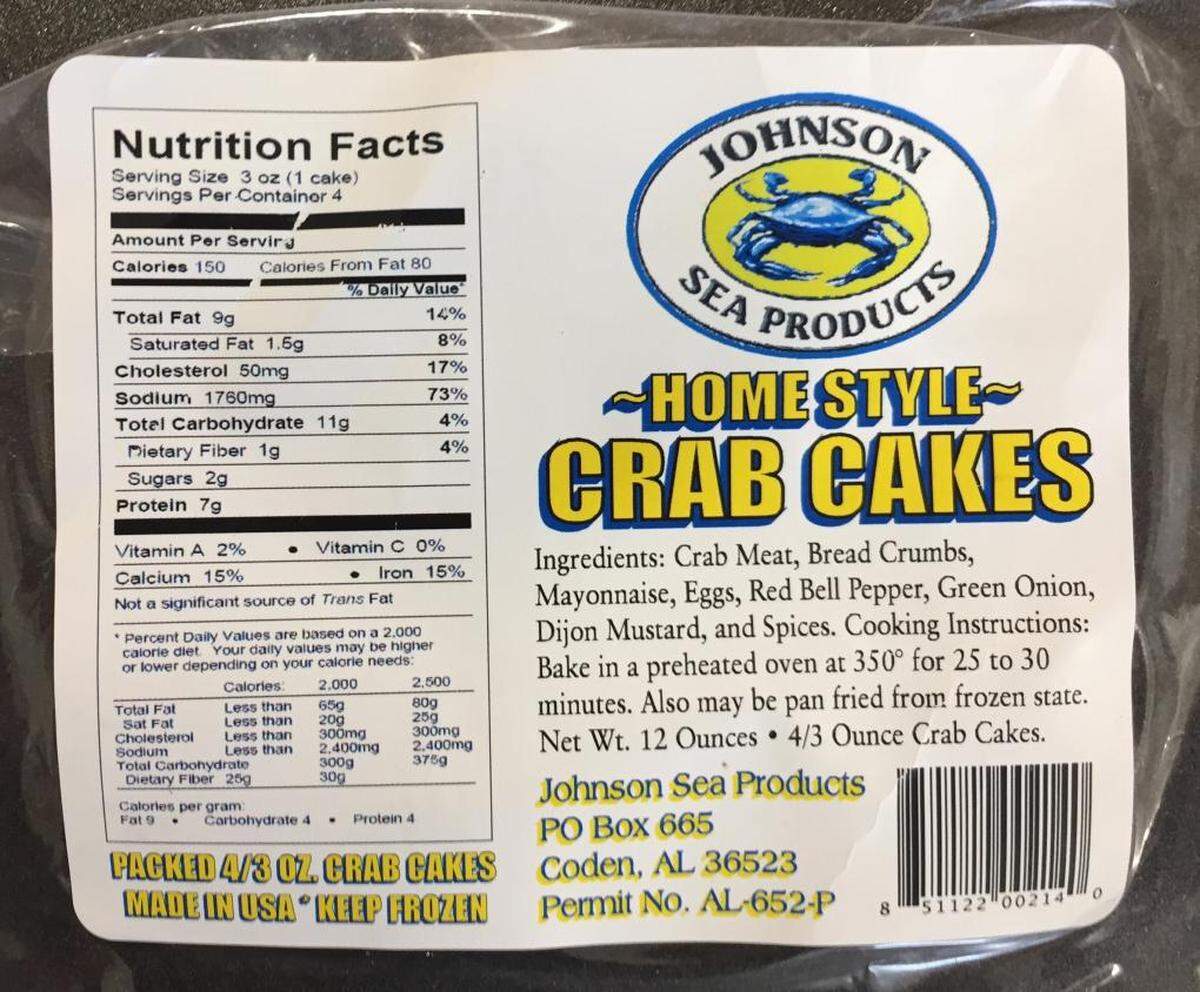 A 12-ounce package of Johnson Sea Products Home Style Crab Cakes