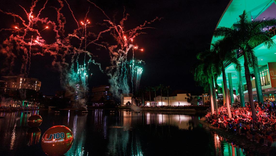 A fireworks show lights up the sky to end the University of Miami Centennial celebration on Tuesday, April 8, 2025, around the Lakeside Patio at the University of Miami’s Coral Gables campus.