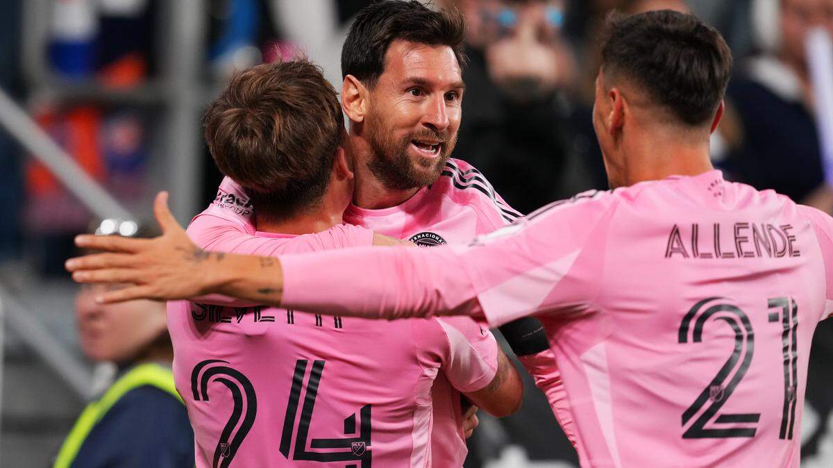 CINCINNATI, OHIO - NOVEMBER 23: Lionel Messi #10 of Inter Miami CF celebrates after scoring the team's first goal with teammates Mateo Silvetti #24 and Tadeo Allende #21 during the Conference Semifinal match between FC Cincinnati and Inter Miami FC as part of the 2025 MLS Cup Playoffs at TQL Stadium on November 23, 2025 in Cincinnati, Ohio. (Photo by Jeff Dean/Getty Images)