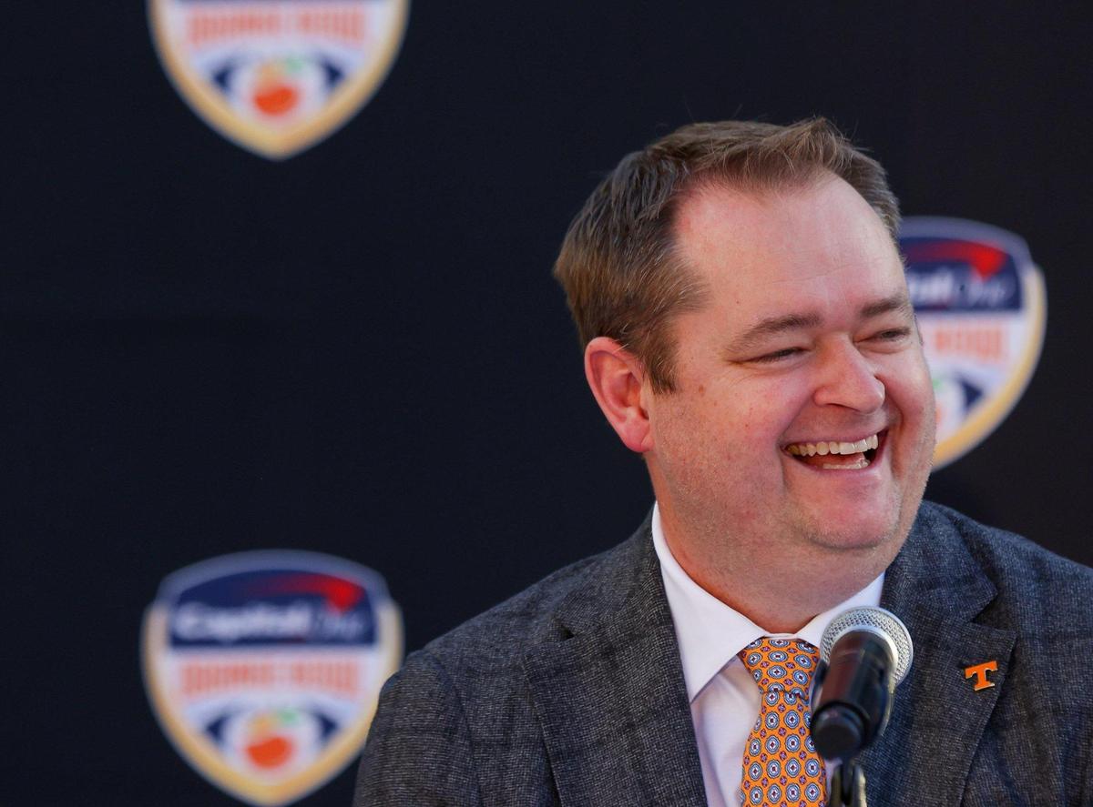 On Wednesday, December 7, 2022 Tennessee head coach, Josh Heupel smiles while taking questions during his press conference prior to the his teams face off in the Orange Bowl on December 30, 2022 at Hard Rock Stadium.