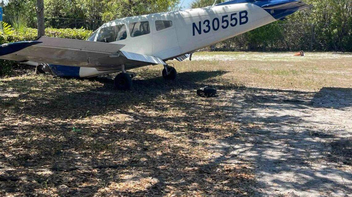 A single-engine Piper airplane sits with its nose on the ground in a field at Coconut Palm Elementary School in Miramar, Florida, Wednesday, March 12, 2025.