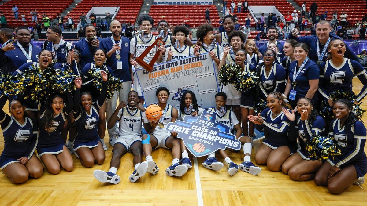 Calvary Christian School celebrate on the court after defeating the Villages for the FHSAA Class 3A Boys High School Basketball State Championship at the RP Funding Center in Lakeland, Florida on Saturday, March 1, 2025.