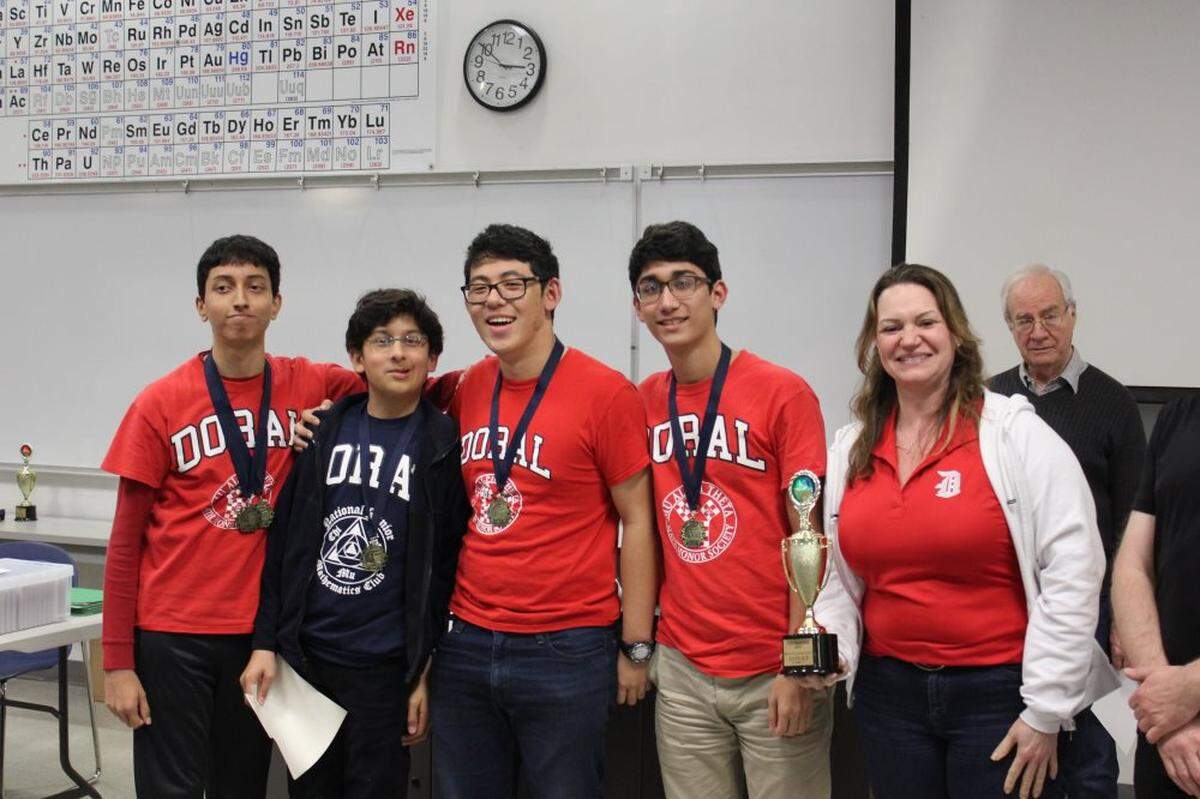 Doral Academy Charter School students recently competed in the 15th annual Florida Atlantic University Math Day and placed first overall in the Relay Team. For the individual competitions, students Anirudh Rahul placed first, and Razzi Masroor earned an honorable mention. From left: Anirudh, Razzi, Douglas Shu, Tomas Alvarez and Sylvia Viyella, the team’s math coach.