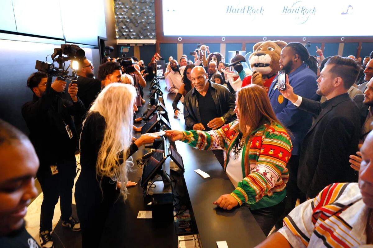 Leaders of the Seminole Tribe and former professional boxer Mike Tyson place the first bet in sports betting at the Seminole Hard Rock Hotel & Casino in Hollywood on Thursday, Dec. 7, 2023.