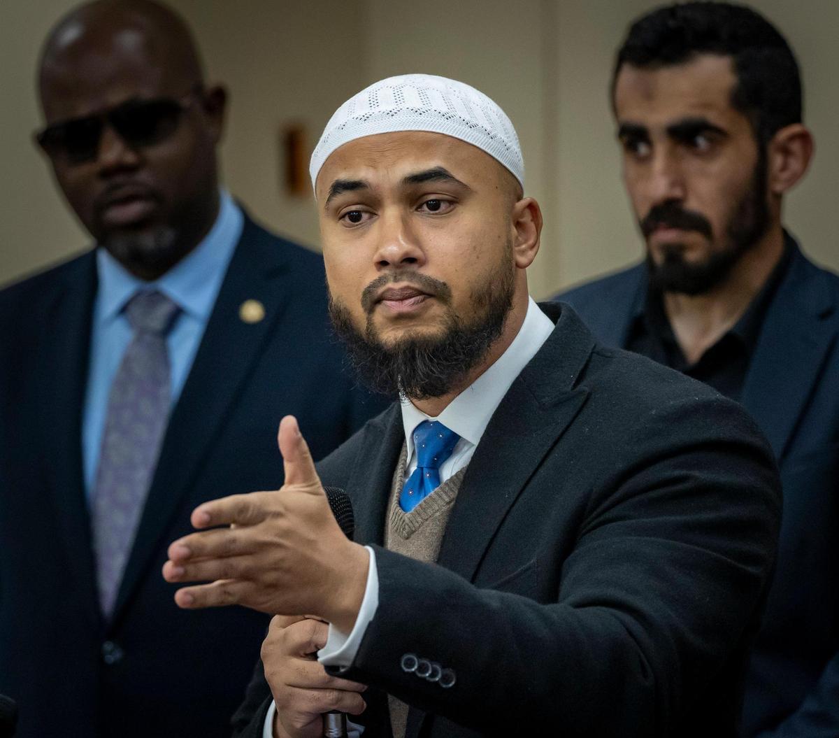 Sunrise, Florida, December 19, 2023 - Imam Abdullah Jaber, Executive Director of CAIR Florida, speaks to members of the press and guest during a press conference held at the Islamic Foundation of Florida, 5455 NW 108th Ave, Sunrise, Florida. South Florida Faith Leaders representing the three Abrahamic faiths - Judaism, Christianity, and Islam - held a press conference demanding a cease fire in the Middle East.