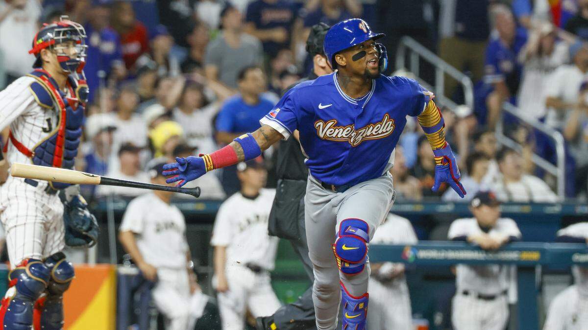 Venezuela outfielder Ronald Acuña Jr. (21) reacts after hitting a homerun in the first inning against Japan at the World Baseball Classic at loanDept park on Saturday, March 14, 2026. 
