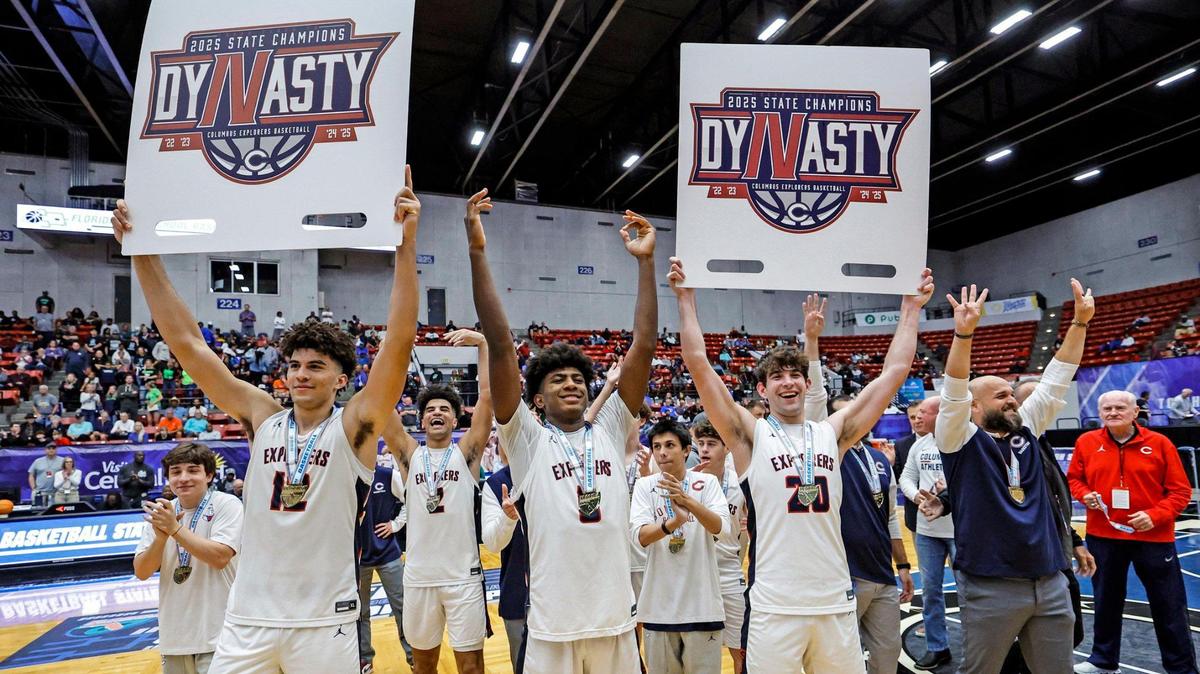 The Columbus team celebrate their fourth state championship in a row after defeating Windermere in the FHSAA Class 7A Final for Boys High School Basketball State Championship at the RP Funding Center in Lakeland, Florida on Saturday, March 8, 2025.