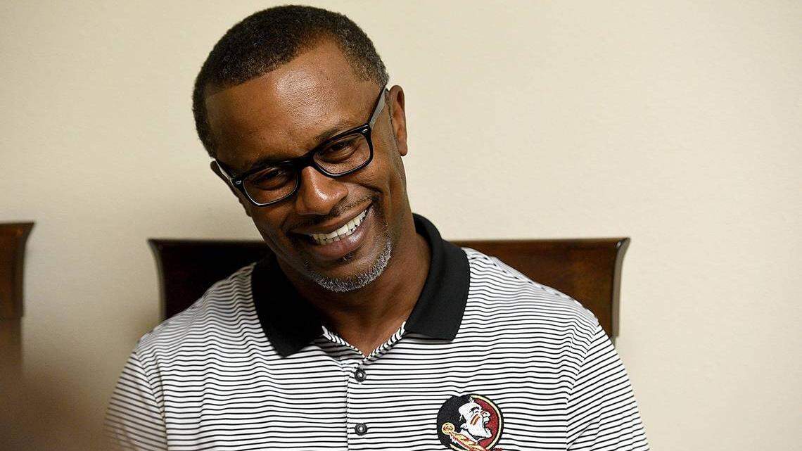 Florida State coach Willie Taggart speaks to media and fans at the Mertz Theatre in Sarasota during his spring tour Monday night.