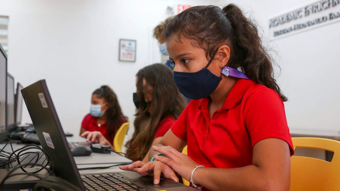 Gissel Paz, 11, a student at Code/Art, a successful nonprofit that teaches coding skills to young girls, looks at a computer screen while completing her classwork during a lesson at the offices of the nonprofit in Miami, Florida, on Monday, Oct. 4, 2021.