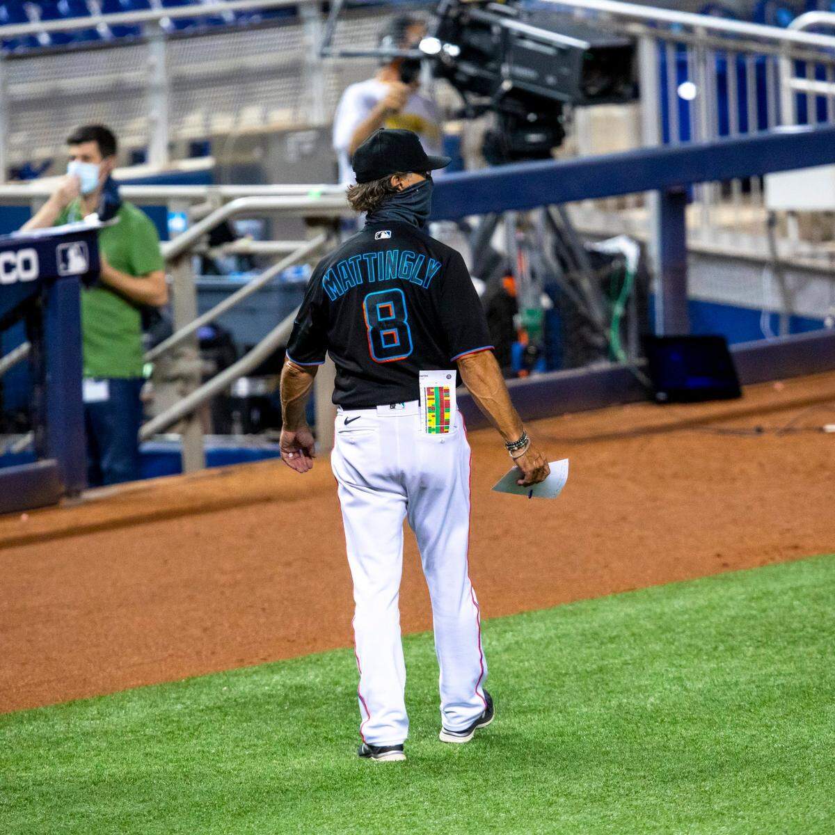 Miami Marlins manager Don Mattingly (8) walks off the field after defeating the Washington Nationals 7-3 during a Major League Baseball game at Marlins Park in Miami, Florida on Saturday, September 19, 2020.