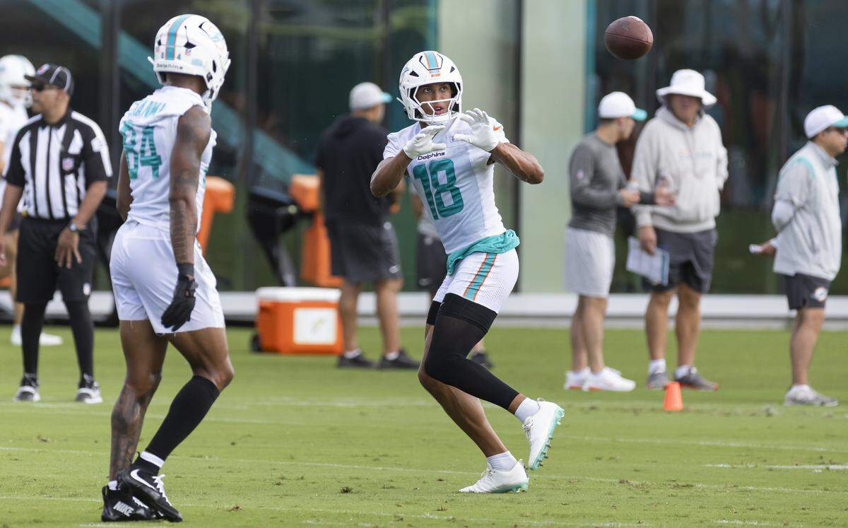 Miami Dolphins wide receiver Nick Westbrook-Ikhine (18) catches the ball during training camp at the Baptist Health Training Complex on Tuesday, Aug. 19, 2025, in Miami Gardens, Fla.