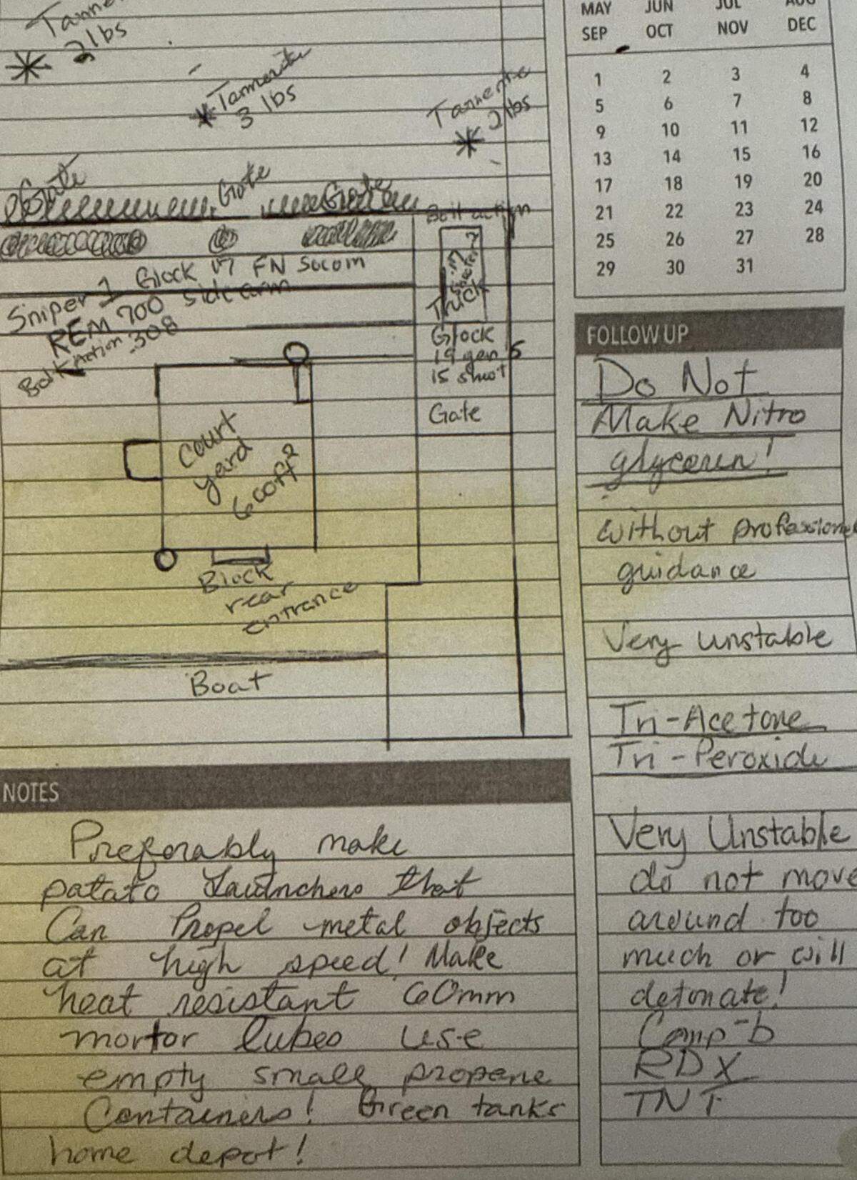 A sketch of an unidentified building contains notes about a potential sniper position and launching projectiles from mortars. The sketch was found March 14, 2025, in the apartment of a former Key West firefighter, according to law enforcement.