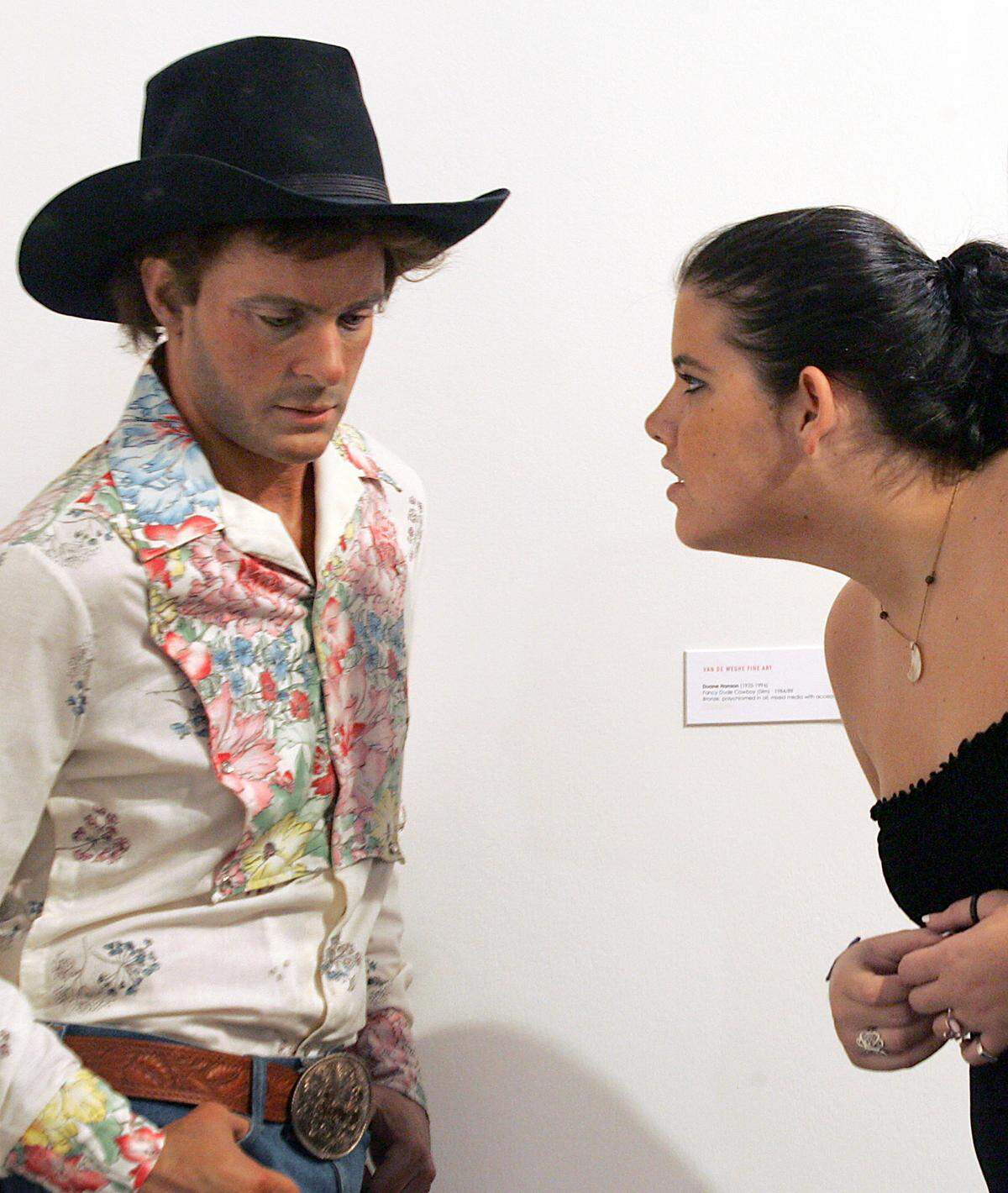 In 2007 at Art Week in Miami, Emily Greenough gets a closer look at Duane Hanson’s piece, ‘Fancy Dude Cowboy.’ The art looks so real it defies the eyes. It was being showcased by Van de Wegne gallery.