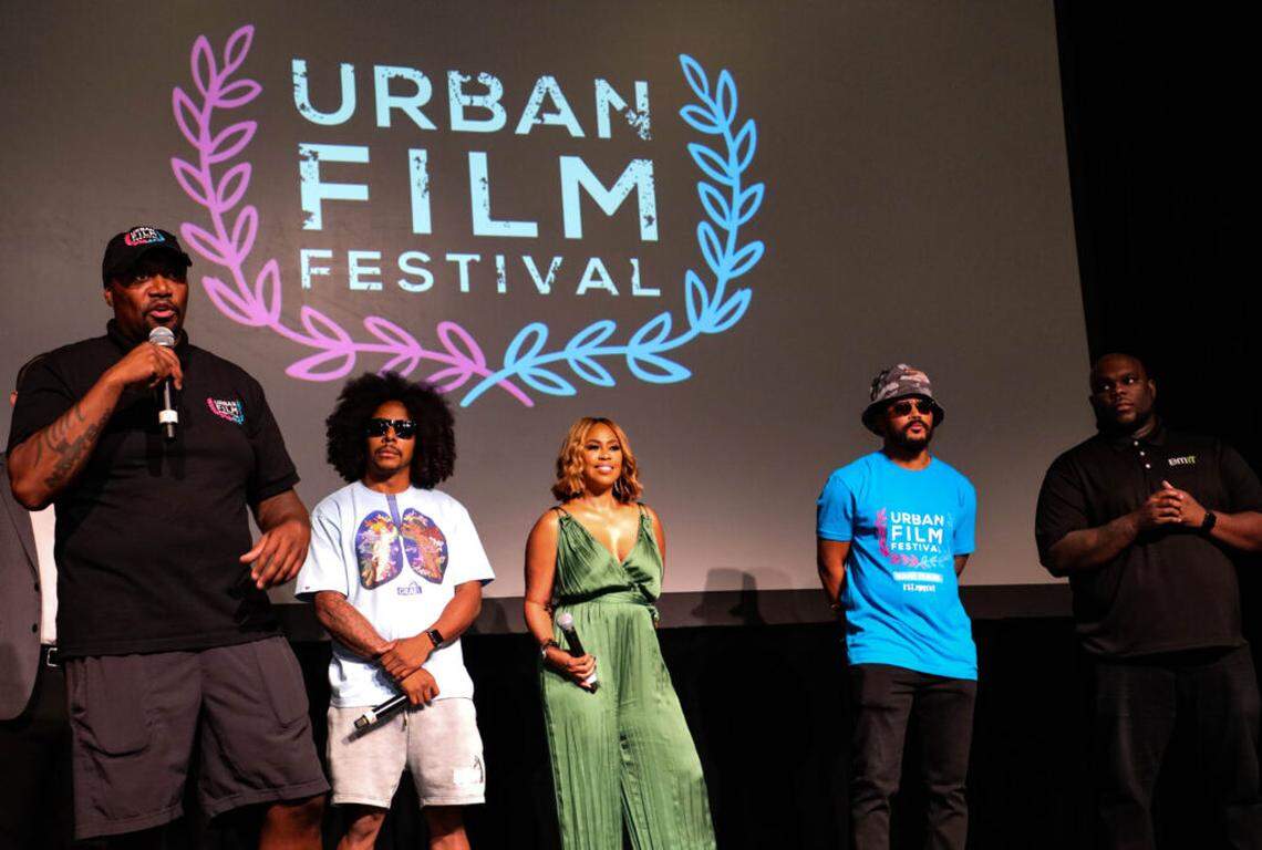 From left, Marco “Mall” Molinet, movie producer, director and founder of Florida Film House; Allen Maldanado, actor and writer; Tressa Smallwood; author, filmmaker and CEO of MegaMind. Romeo (Lil’ Romeo) Miller, rapper and actor. and Kham Ward, founder and CEO of BLK Men in Tech, at a previous edition of the Urban Film Festival.