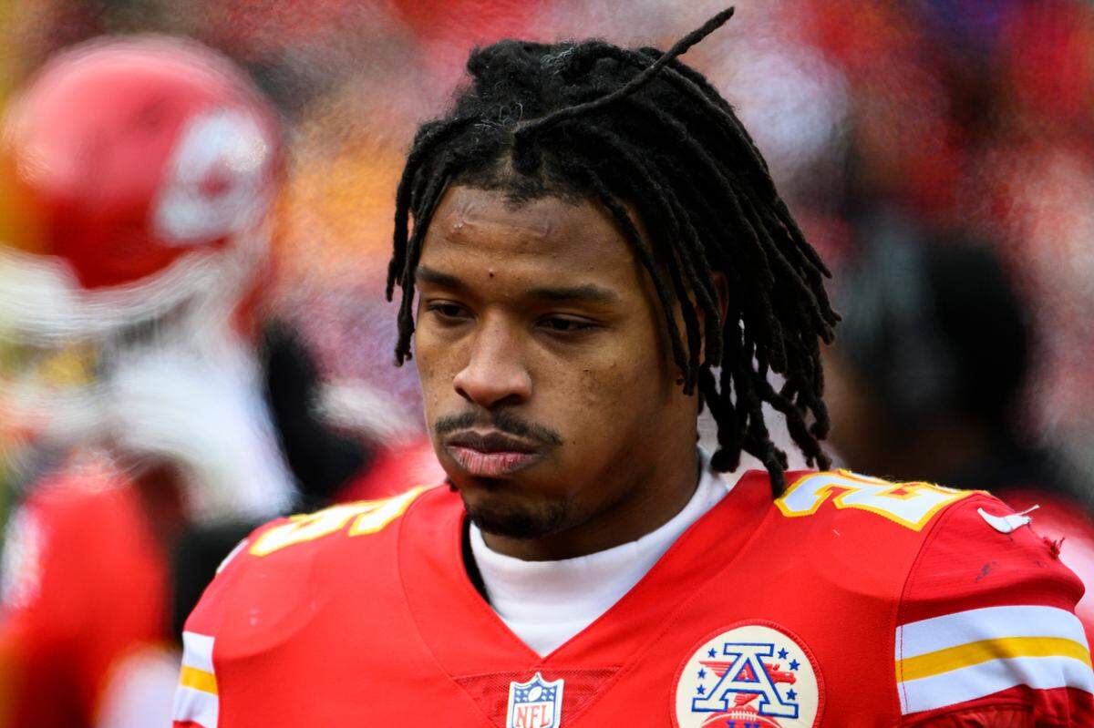 Kansas City Chiefs safety Deon Bush on the sidelines during the second half of an NFL football game against the Seattle Seahawks, Saturday, Dec. 24, 2022 in Kansas City, Mo. (AP Photo/Reed Hoffmann)