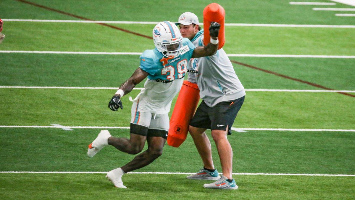 Miami Dolphins cornerback Kader Kohou (38) runs practice drills during practice drills at Baptist Health Training Complex in Miami Gardens on Wednesday, August 31, 2022.