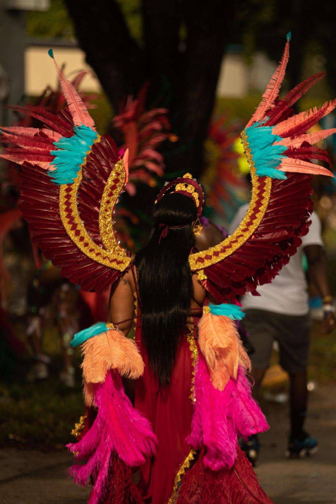 A performer’s costume is seen during Miami Carnival at the Miami-Dade County Fair Expo in Miami, Florida on Sunday, October 9, 2022.