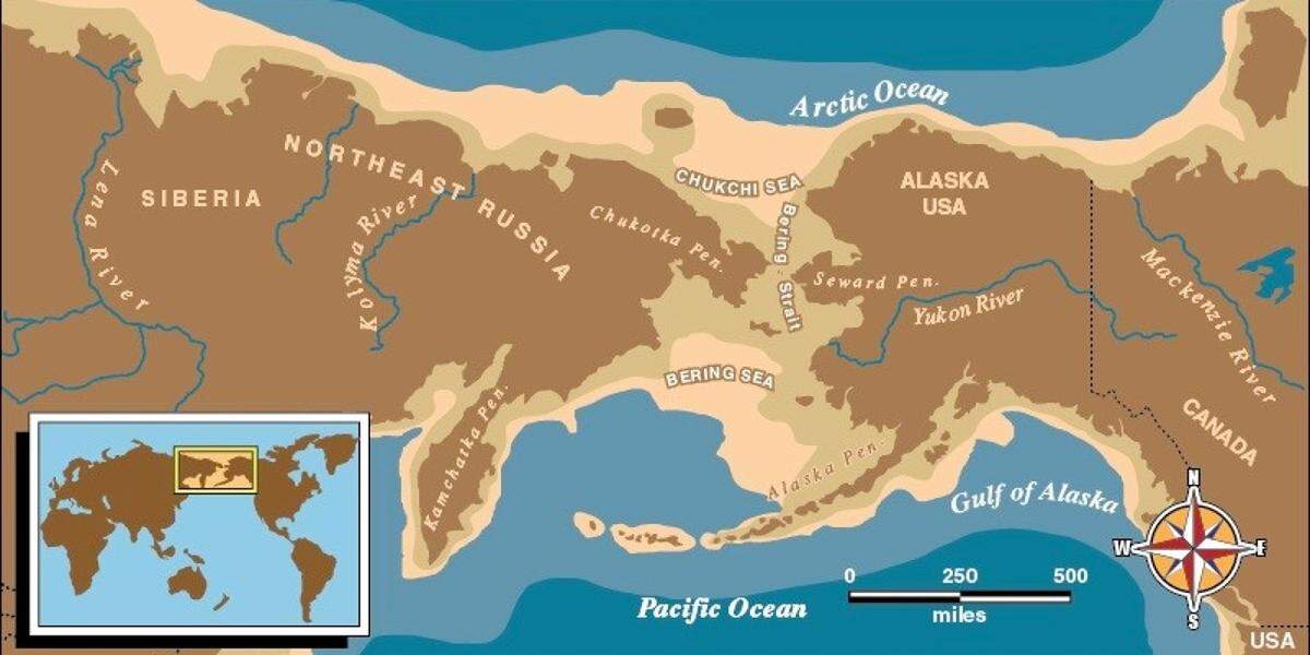 Map of eastern Russian and Alaska with a light brown border depicting when the land was connected.