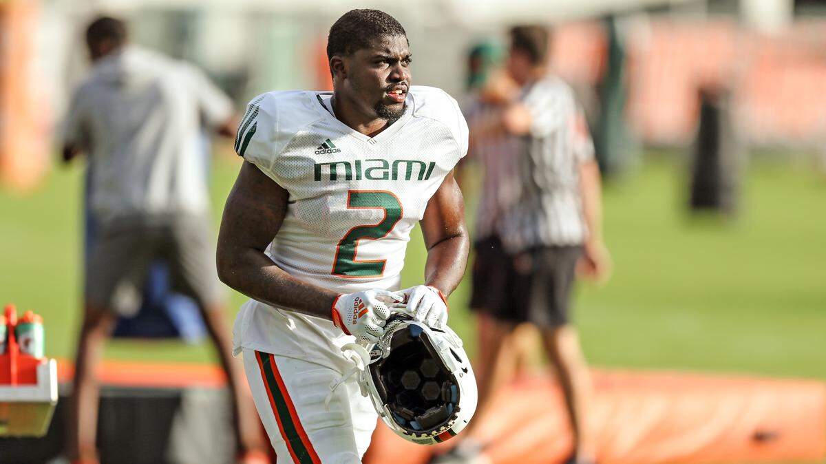 Miami Hurricanes cornerback Tyrique Stevenson (2) looks on during practice at the University of Miami’s Greentree Field in Coral Gables on Thursday, August 12, 2021.