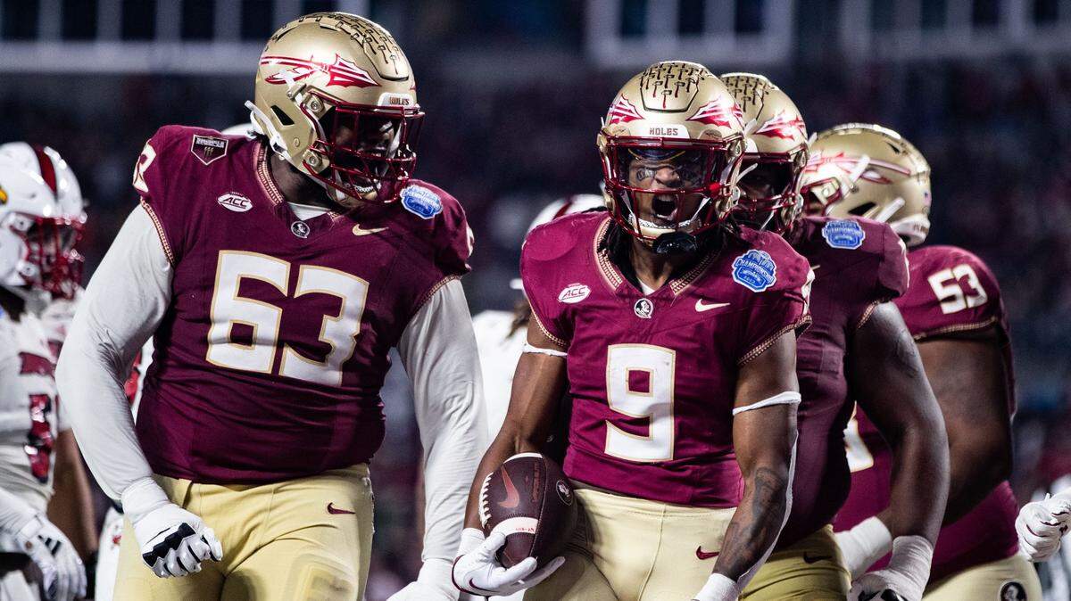 Florida State Seminoles running back Lawrance Toafili (9) celebrates his touchdown. The Florida State Seminoles defeated the Louisville Cardinals 16-6 to claim the ACC Championship title in Charlotte, North Carolina on Saturday, Dec. 2, 2023.